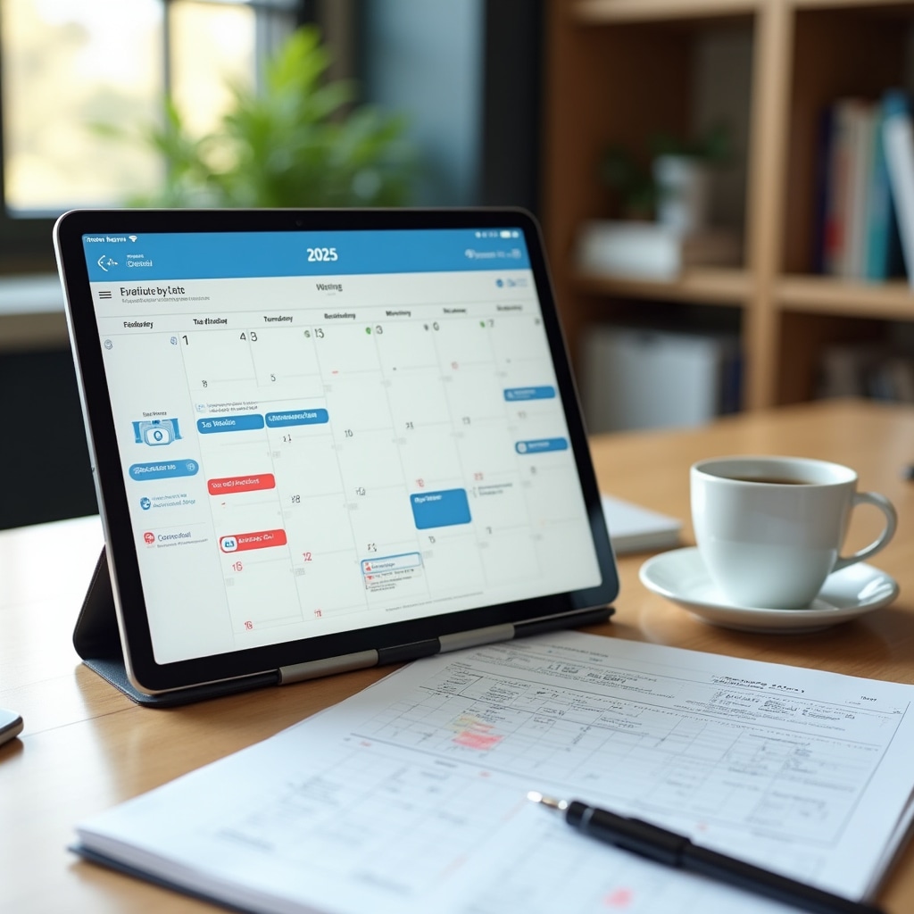 Digital calendar application displayed on modern tablet showing February 2026 with highlighted maintenance dates, surrounded by business planning documents and coffee cup on organized desk