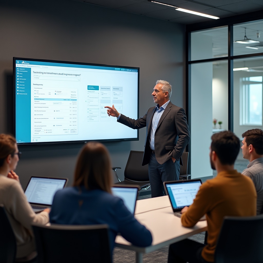 Professional instructor demonstrating Ekuatia electronic invoicing system on large screen to engaged small business owners in modern training facility