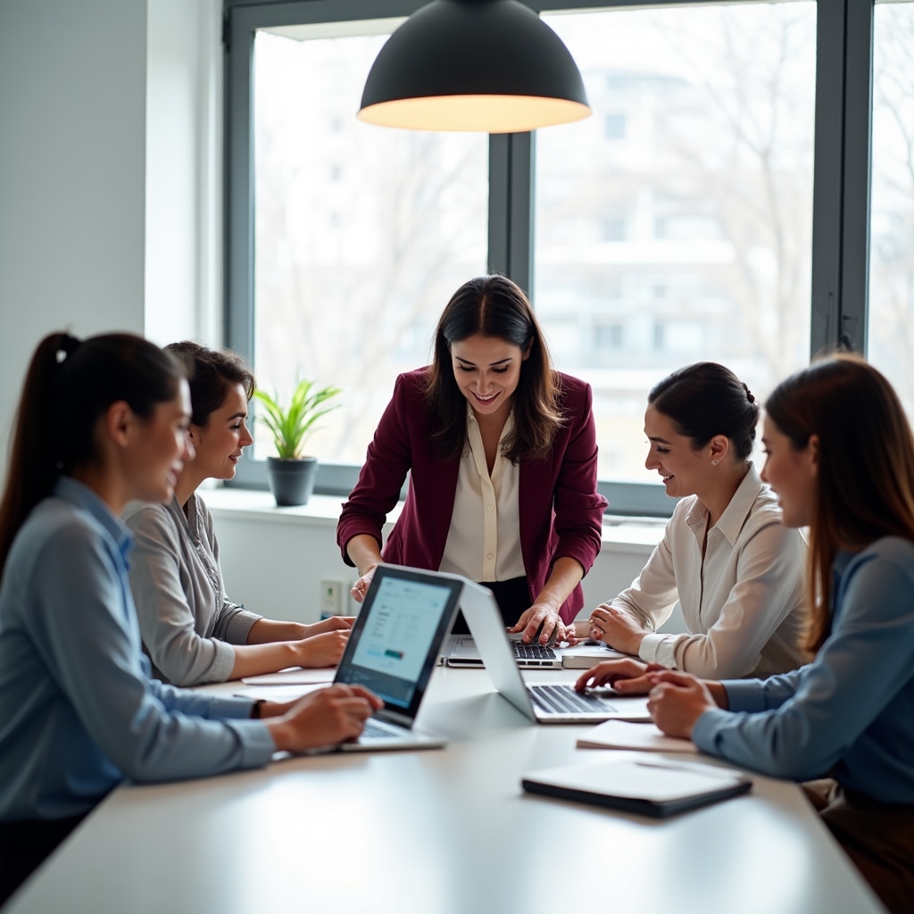 Intimate training session showing instructor working directly with small group of six business owners around table with laptops in bright modern classroom
