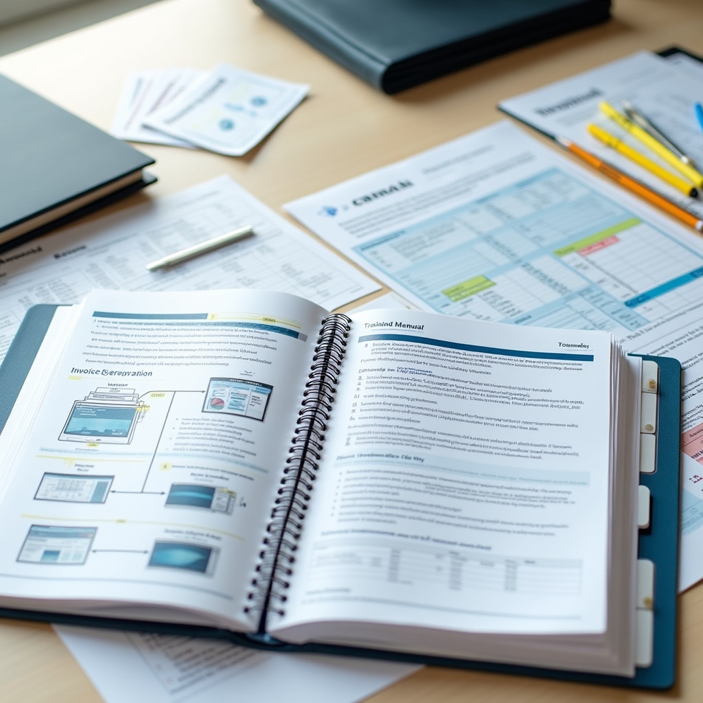 Comprehensive training manual opened on desk showing detailed step-by-step instructions with highlighted sections, alongside organized reference guides, laminated checklists, and professional binder