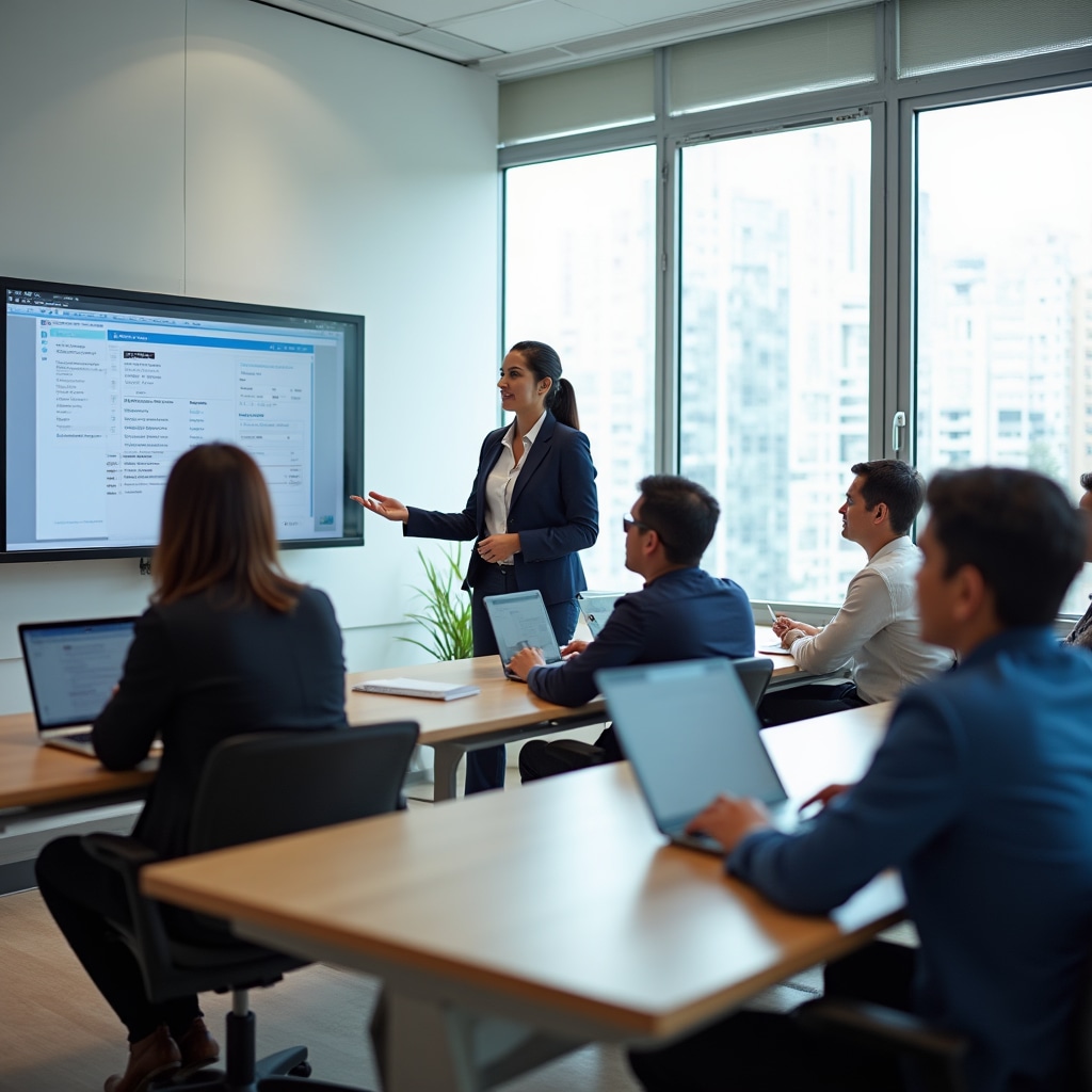 Professional training session with instructor explaining electronic invoicing concepts to small business owners in modern classroom setting